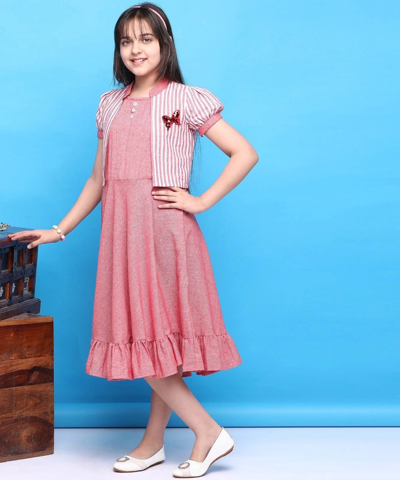 Pink Colour Cotton Below Knee Casual Dress For Girls