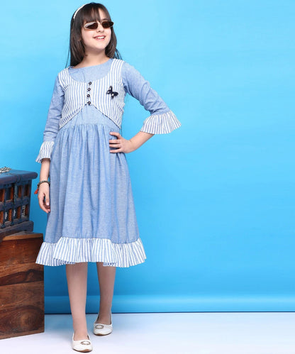 Sky Blue Colour Cotton Below Knee Casual Dress For Girls