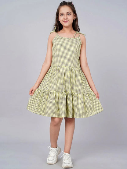 Green Colour Cotton Girls Casual Dress