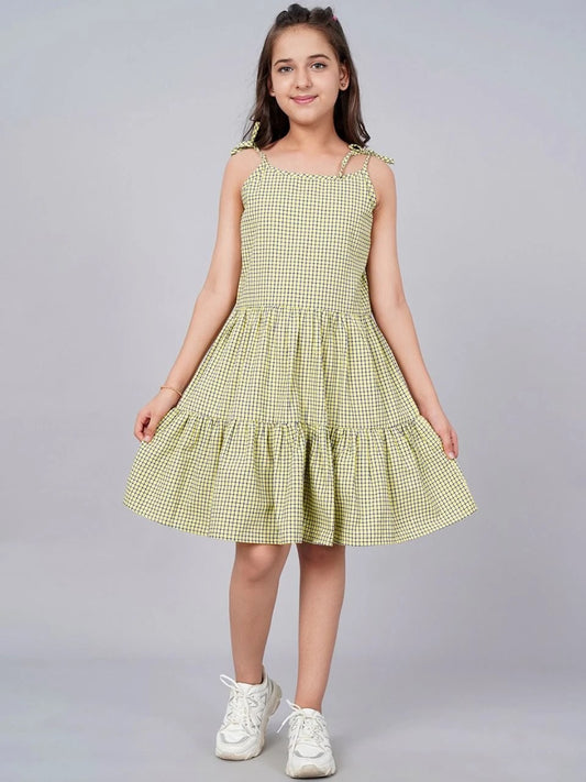 Green Colour Cotton Girls Casual Dress