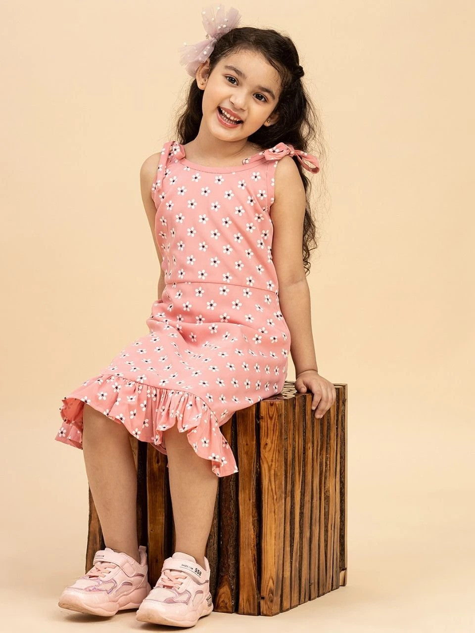 Pink Colour Polyester Girls Casual Dress