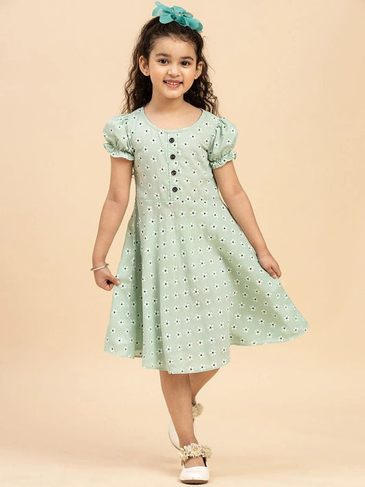 Green Colour Polyester Girls Casual Dress