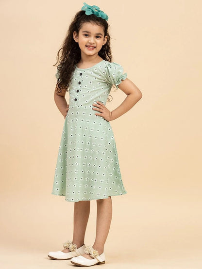 Green Colour Polyester Girls Casual Dress