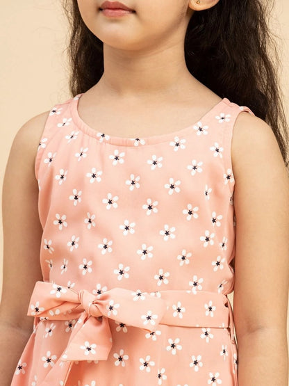 Peach Colour Polyester Girls Casual Dress