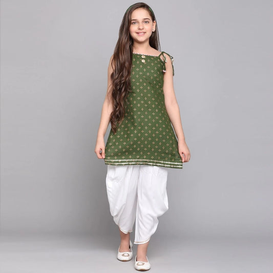 Green Colour Poly Cotton Girls Casual & Party Wear Kurta and Dhoti Pant Set