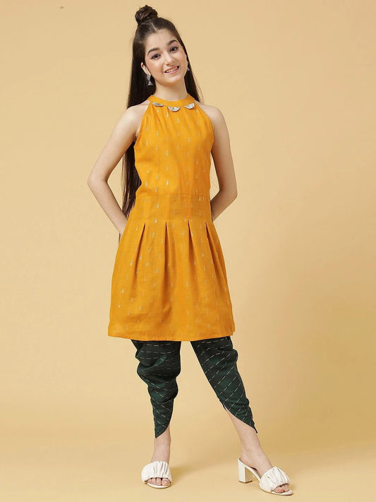 Yellow Colour Poly Cotton Ruby Girls Casual & Party Wear Kurta and Dhoti Pant Set