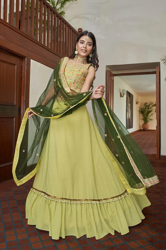 Lemon Yellow Colour Thread and Embroidery Work Lehenha Choli