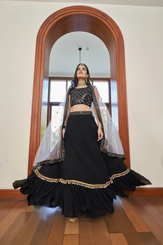 Black Colour Thread and Embroidery Work Lehenha Choli