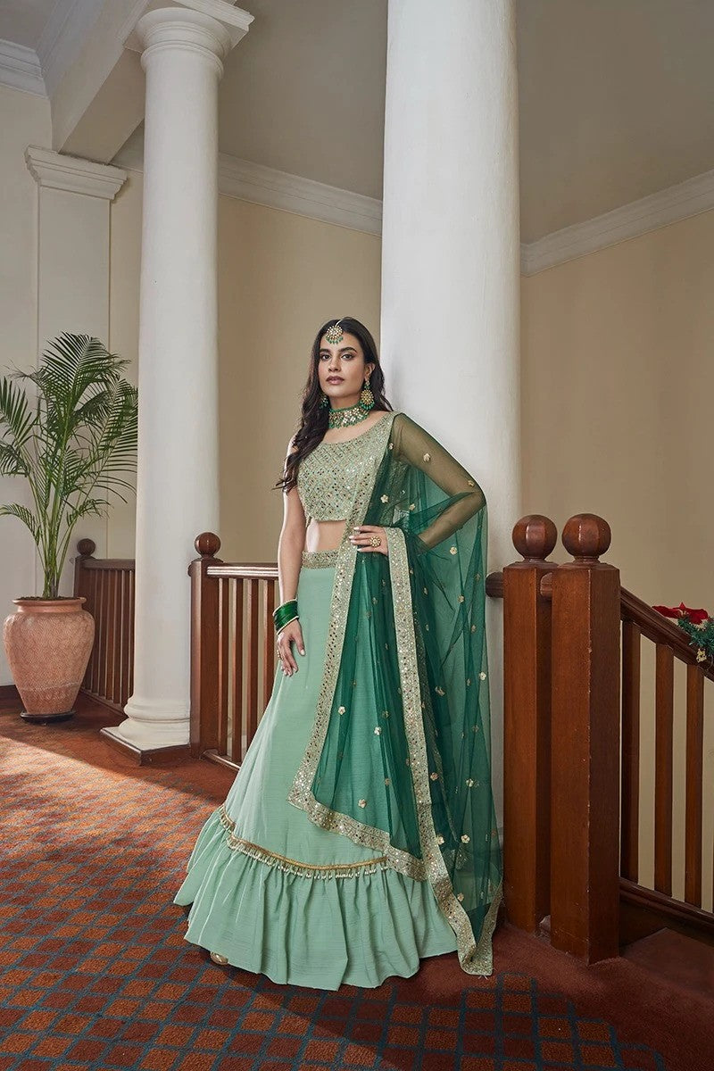 Pista Green Colour Thread and Embroidery Work Lehenha Choli