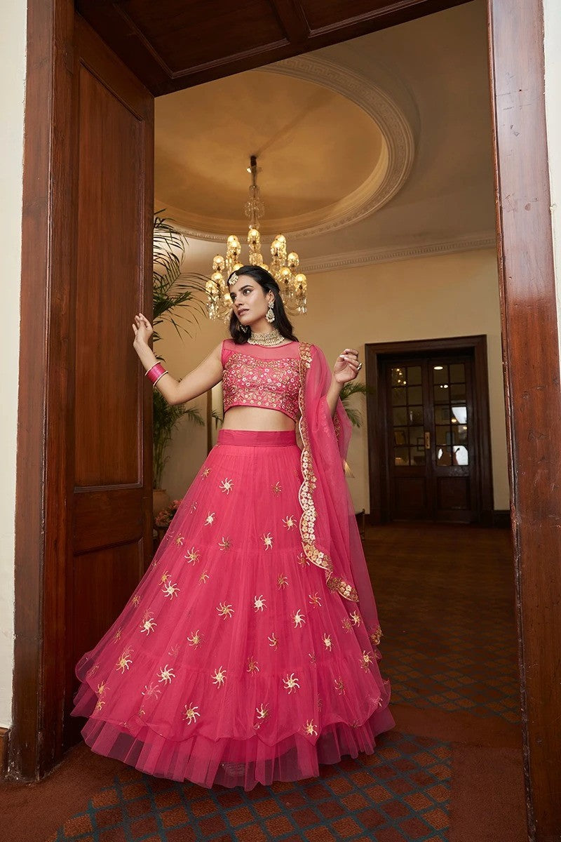 Bright Pink Colour Thread and Embroidery Work Lehenha Choli