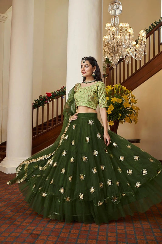 Mahendi Green Colour Thread and Embroidery Work Lehenha Choli