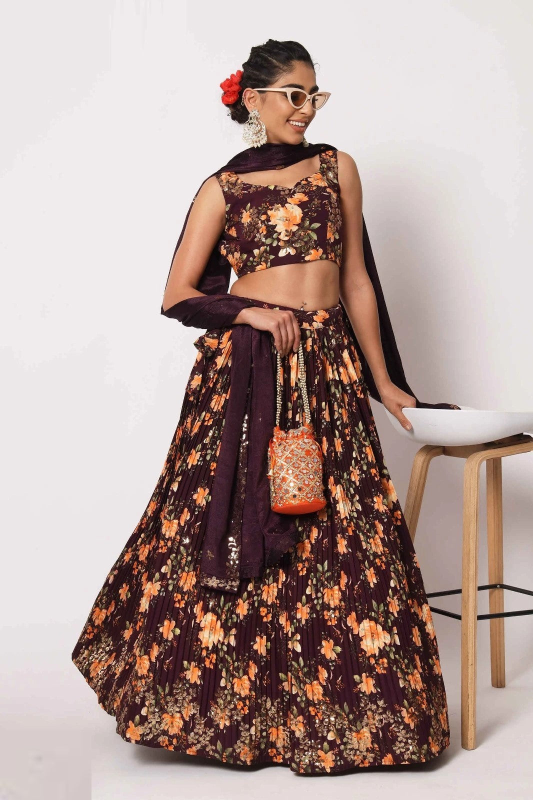 Purple Floral Printed Art Silk Lehenga Choli