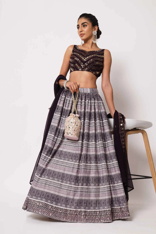 Dark Purple Floral Printed Art Silk Lehenga Choli