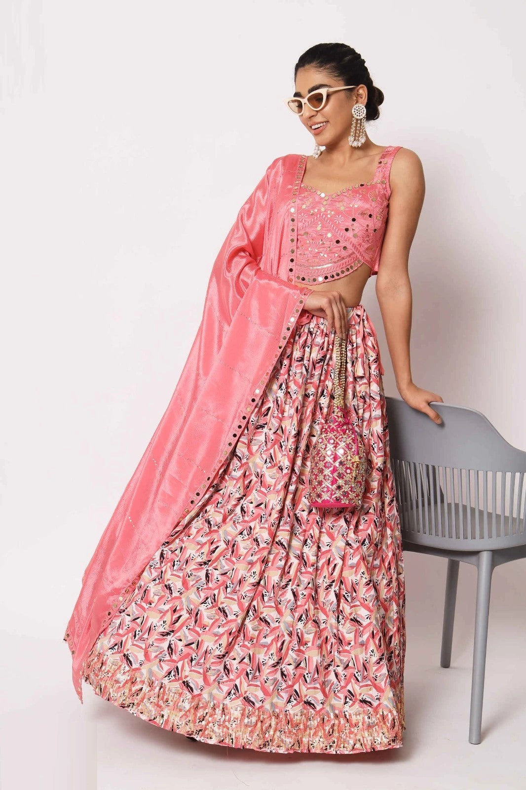 Pink Floral Printed Art Silk Lehenga Choli