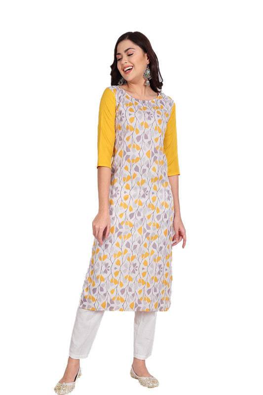 Women's Yellow Colour Printed Crepe Straight Kurti