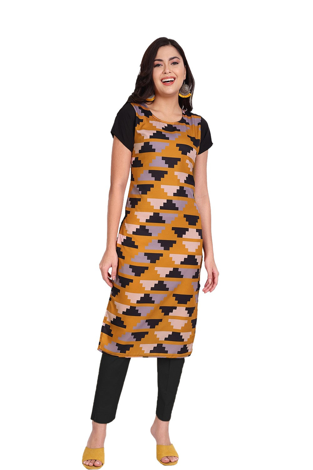 Women's Mustard Colour Printed Crepe Straight Kurti