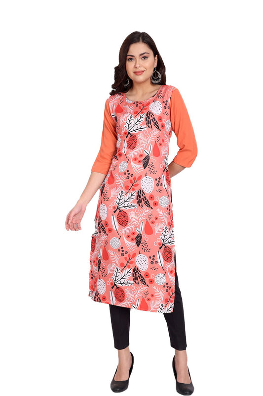 Women's Orange Colour Printed Crepe Straight Kurti