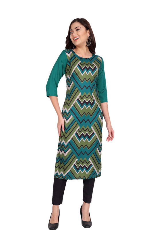 Women's Green Colour Printed Crepe Straight Kurti