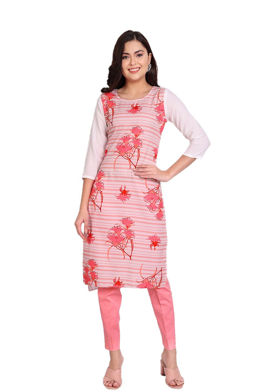 Women's Baby Pink Colour Printed Crepe Straight Kurti