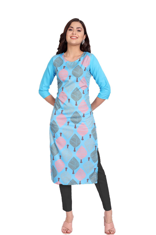 Women's Sky Blue Colour Printed Crepe Straight Kurti