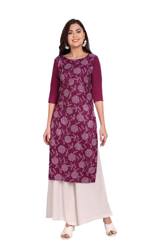 Women's Wine Colour Printed Crepe Straight Kurti