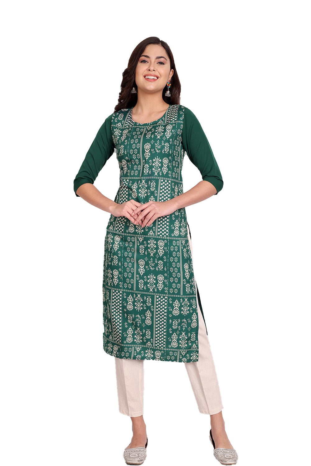 Women's Green Colour Printed Crepe Straight Kurti