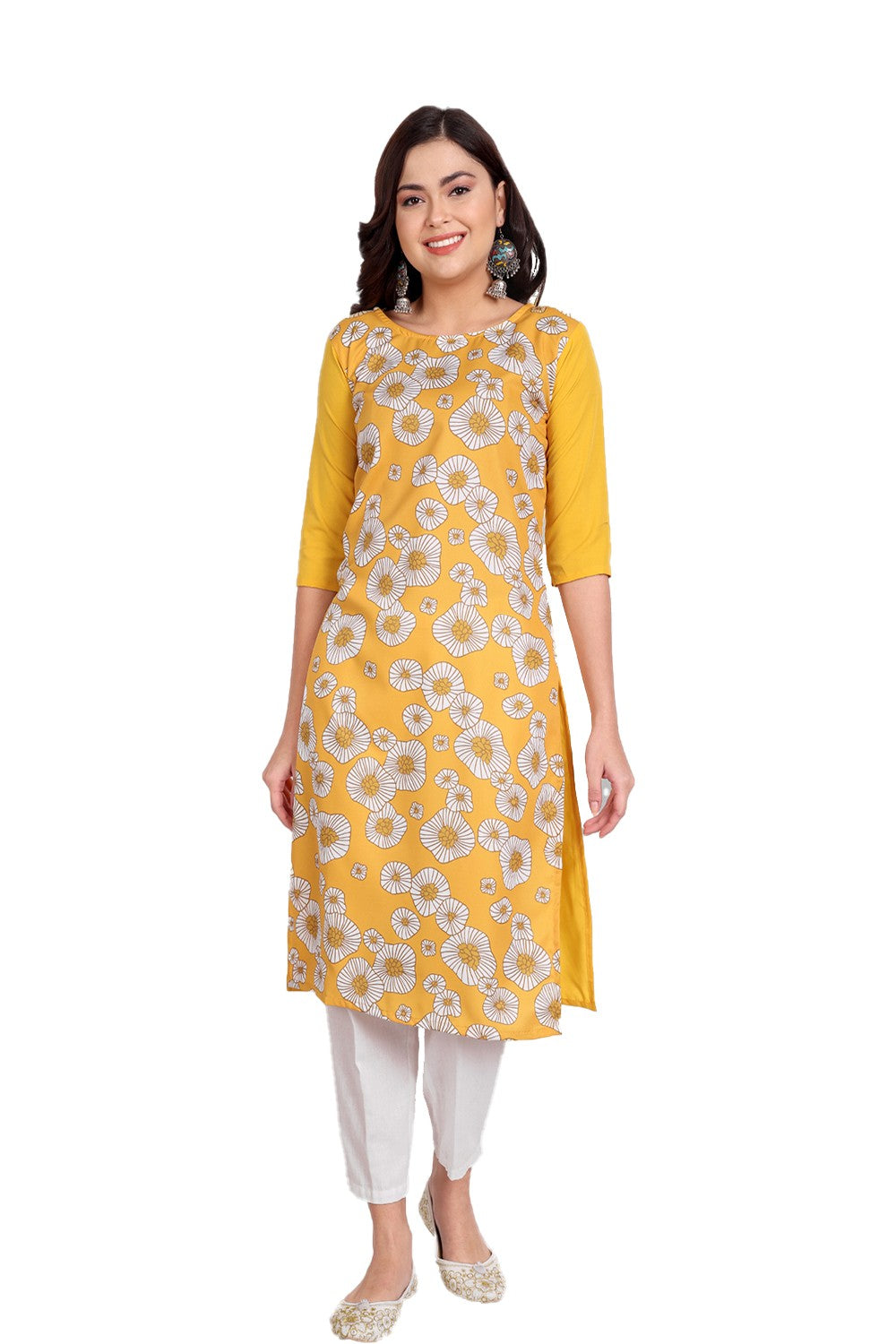 Women's Yellow Colour Printed Crepe Straight Kurti