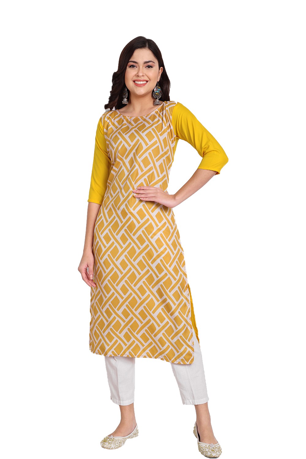 Women's Yellow Colour Printed Crepe Straight Kurti