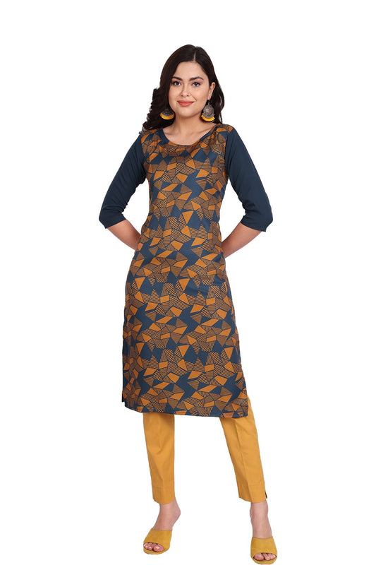 Women's Mustard Colour Printed Crepe Straight Kurti