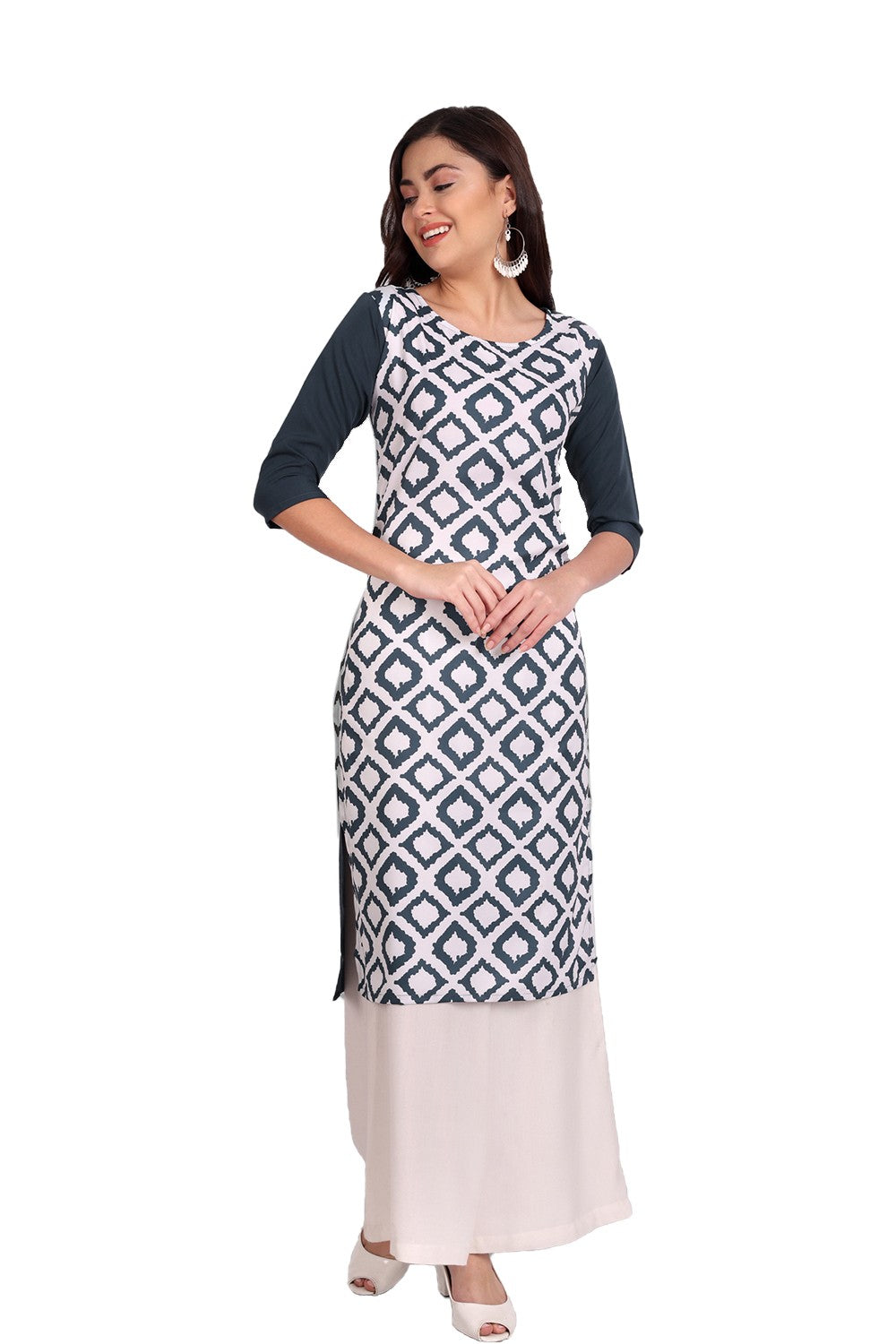 Women's White Colour Printed Crepe Straight Kurti