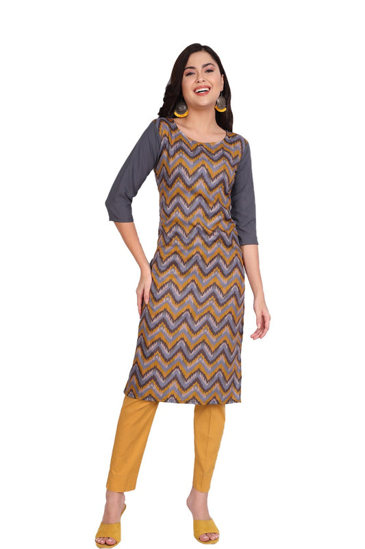 Women's Mustard Colour Printed Crepe Straight Kurti