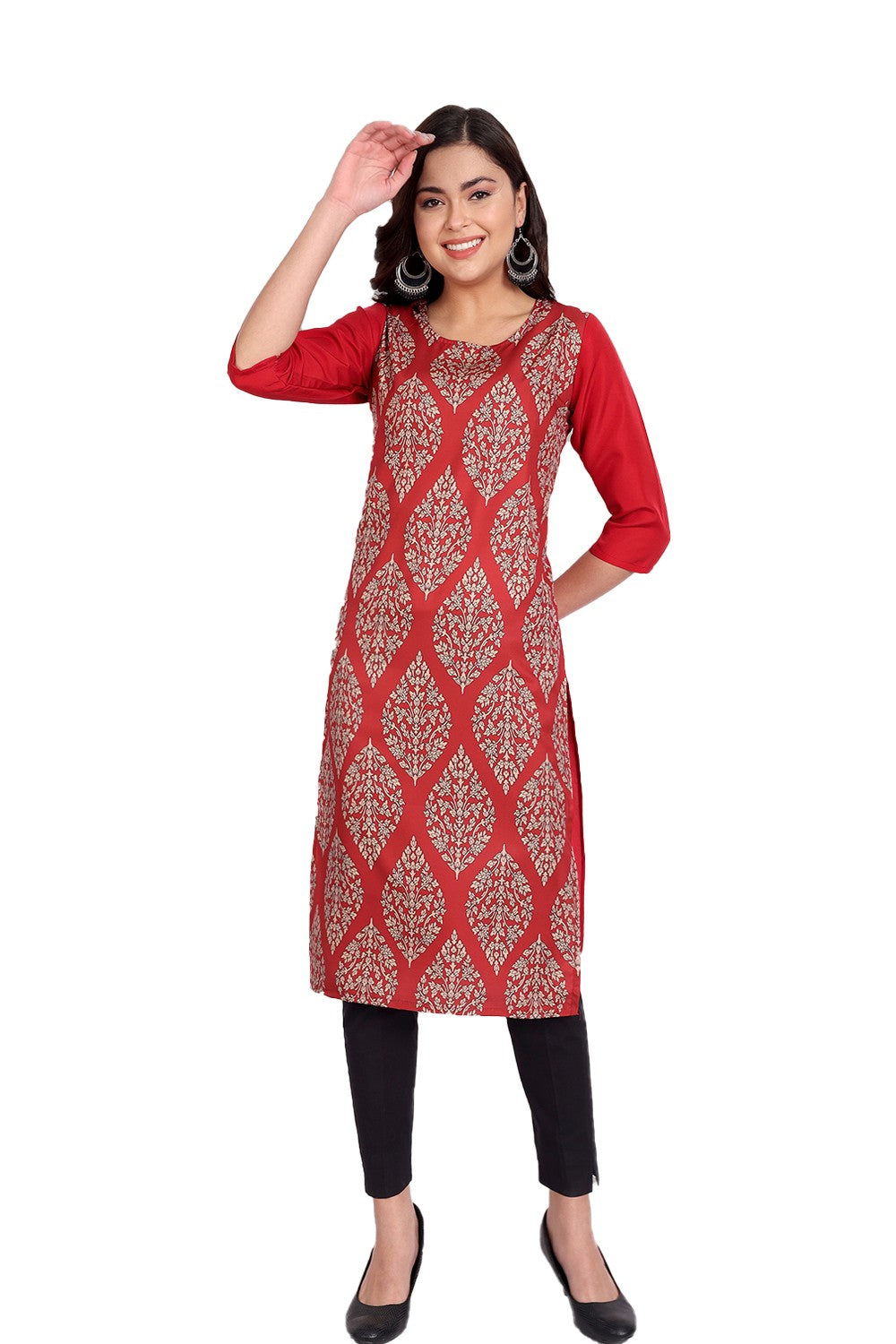 Women's Red Colour Printed Crepe Straight Kurti