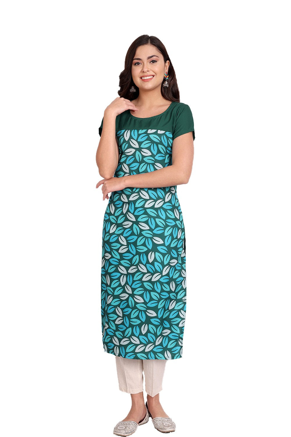 Women's Aqua Colour Printed Crepe Straight Kurti