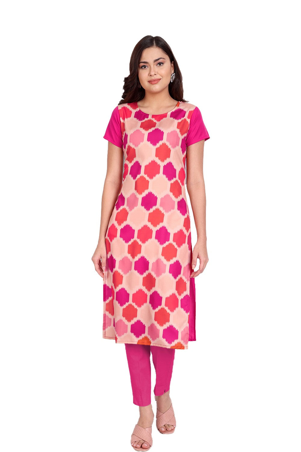 Women's Pink Colour Printed Crepe Straight Kurti