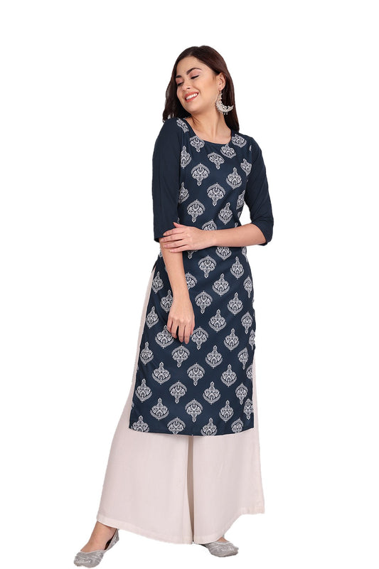 Women's Blue Colour Printed Crepe Straight Kurti