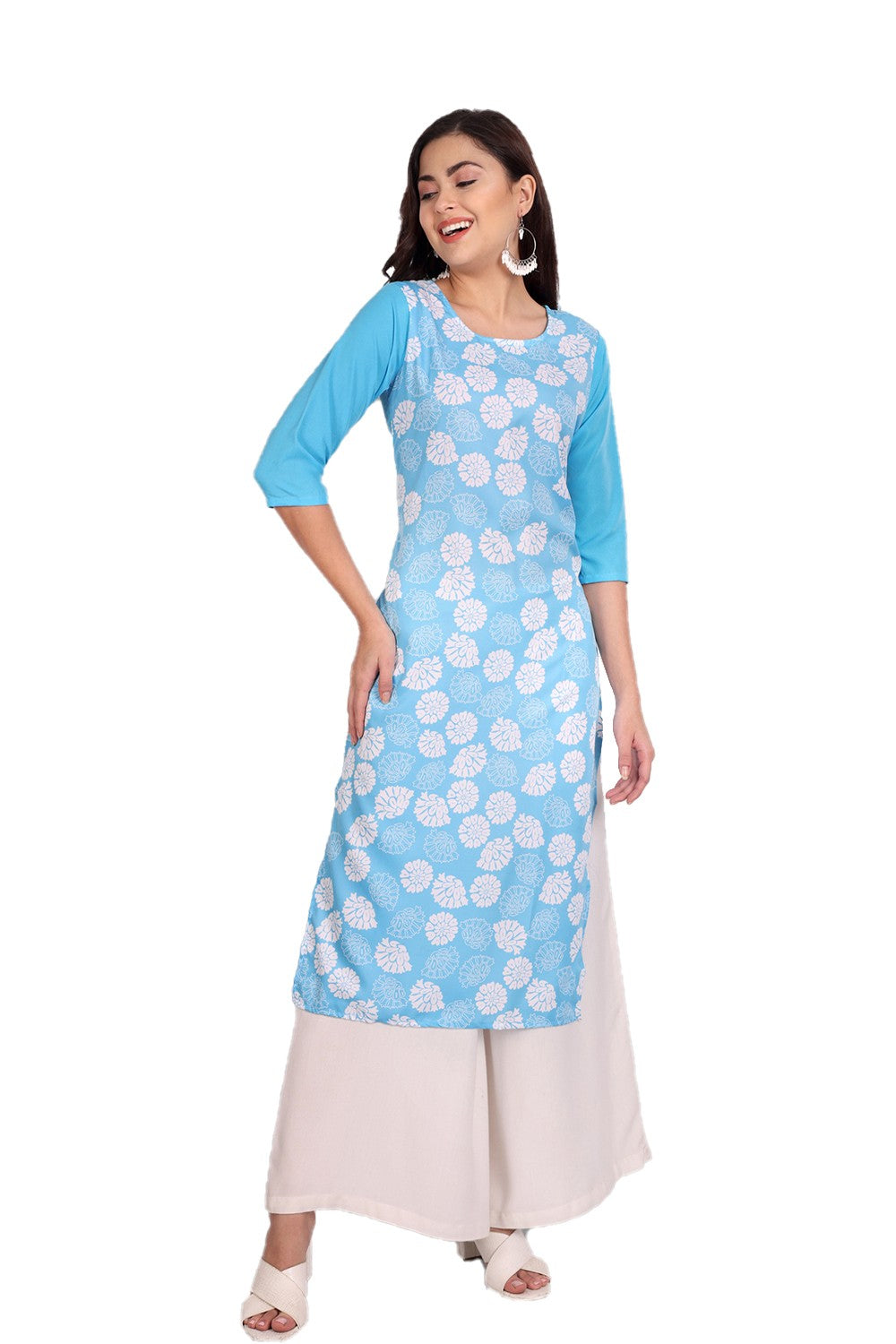 Women's Sky Blue Colour Printed Crepe Straight Kurti