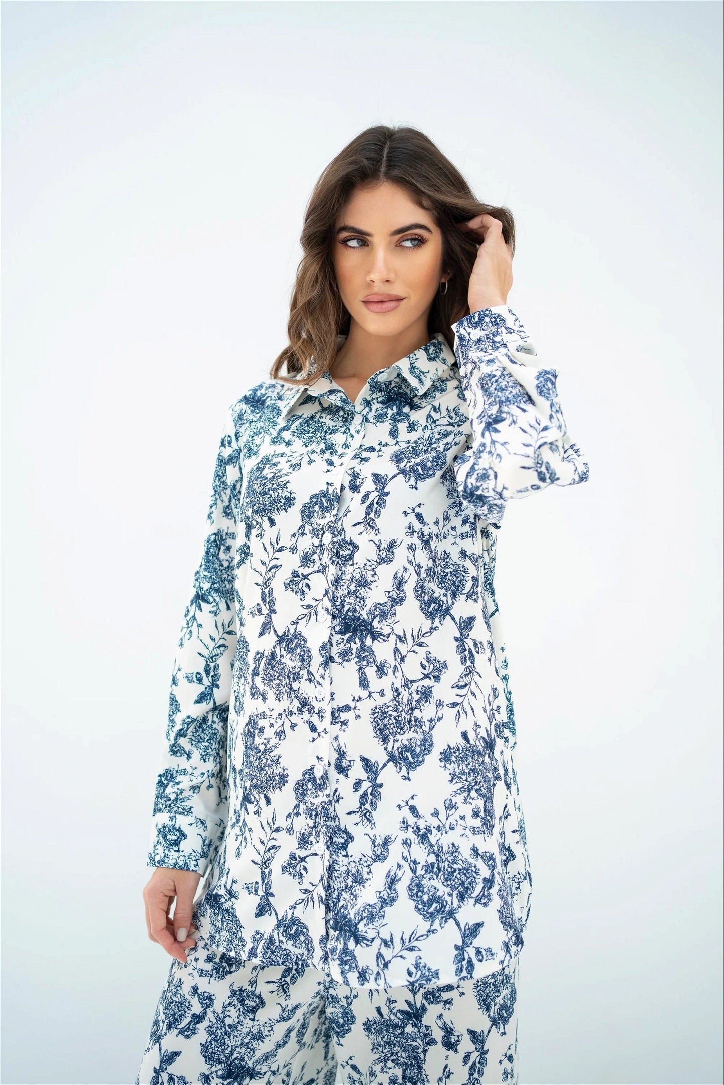 White With Blue Floral Print Korean BSY Classic Co-Ord Set For Women