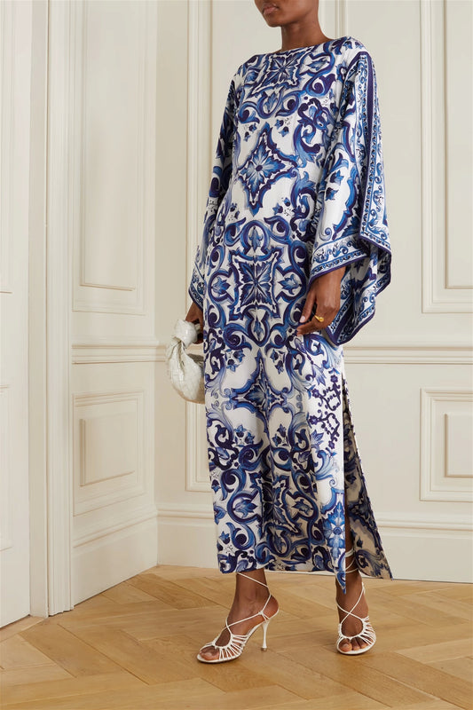 Blue Colour Printed Organza Silk Party Wear Kaftan