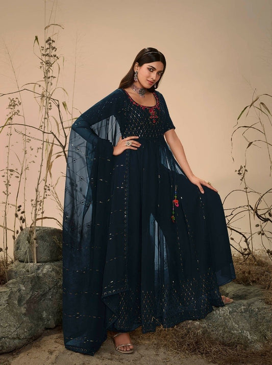 Teal Blue Colour Georgette Party Wear Salwar Kameez with Thread and Embroidered Squence work