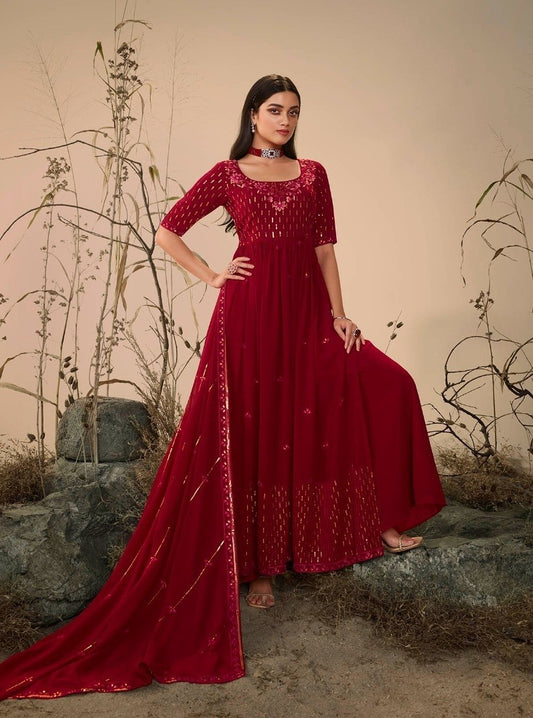 Maroon Colour Georgette Party Wear Salwar Kameez with Thread and Embroidered Squence work