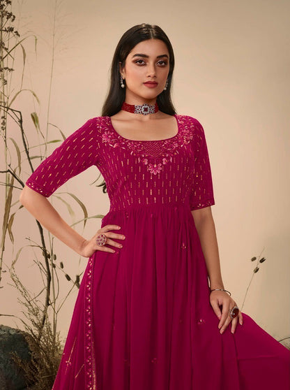 Pink Colour Georgette Party Wear Salwar Kameez with Thread and Embroidered Squence work