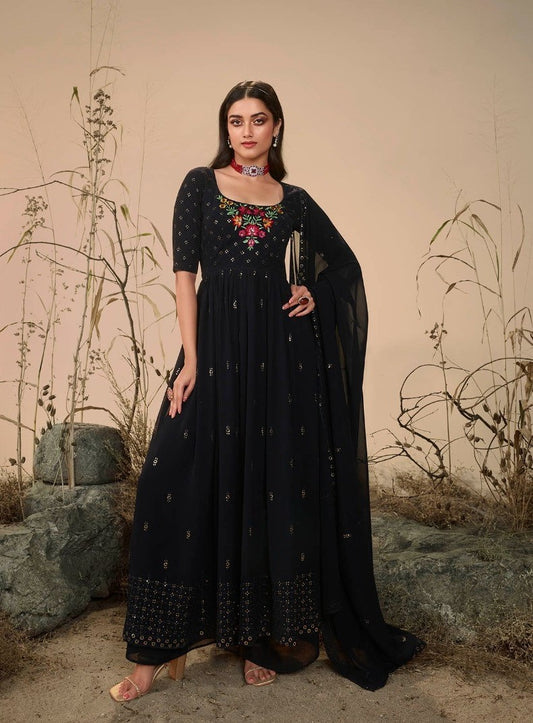 Dark Blue Colour Georgette Party Wear Salwar Kameez with Thread and Embroidered Squence work