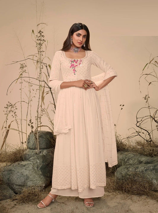 Off White Colour Georgette Party Wear Salwar Kameez with Thread and Embroidered Squence work