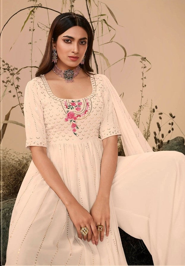 Off White Colour Georgette Party Wear Salwar Kameez with Thread and Embroidered Squence work