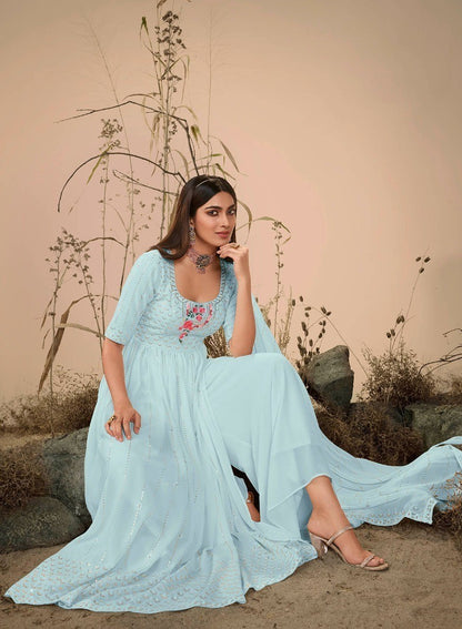 Sky Colour Georgette Party Wear Salwar Kameez with Thread and Embroidered Squence work