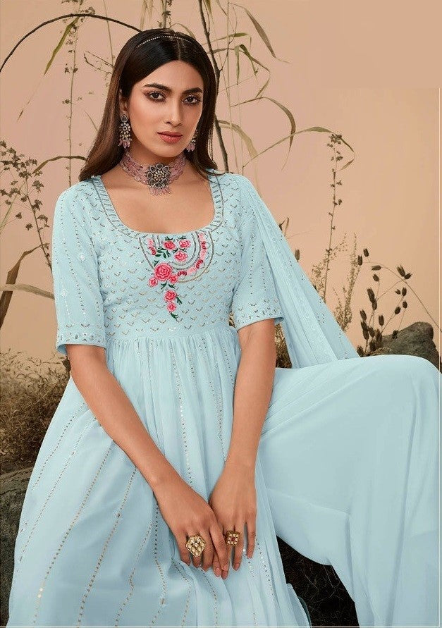 Sky Colour Georgette Party Wear Salwar Kameez with Thread and Embroidered Squence work