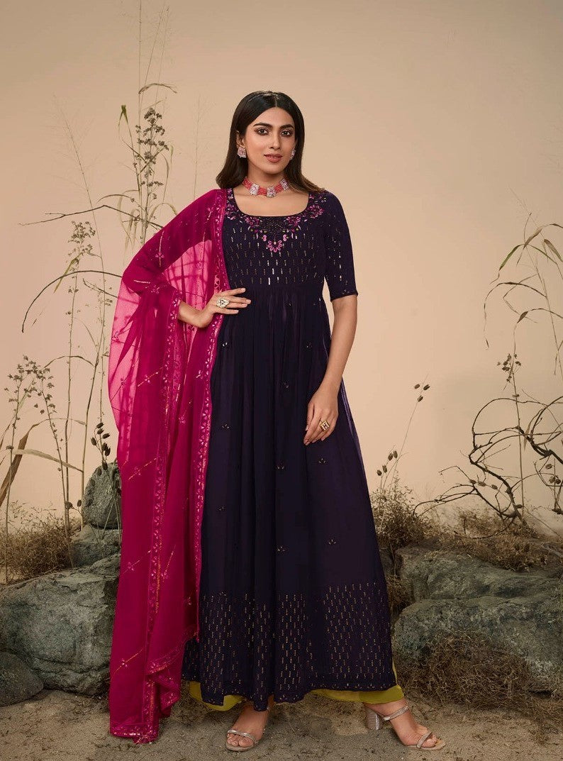 Purple Colour Georgette Party Wear Salwar Kameez with Thread and Embroidered Squence work