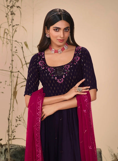 Purple Colour Georgette Party Wear Salwar Kameez with Thread and Embroidered Squence work