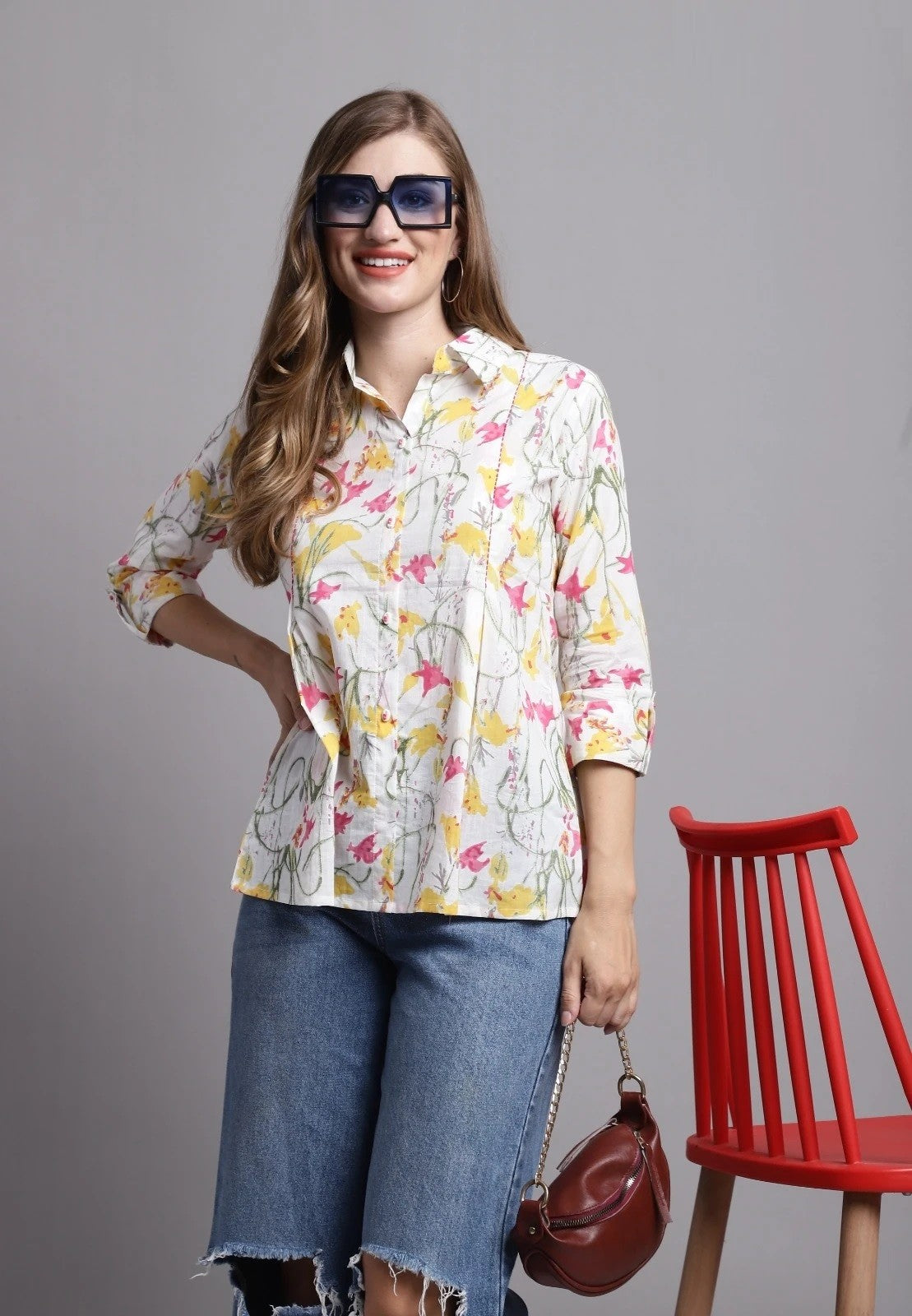 Floral Printed Cambric Printed Cotton Tops For Women