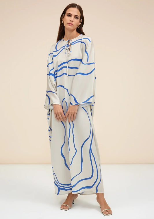 Blue Colour Printed Organza Silk Party Wear Kaftan